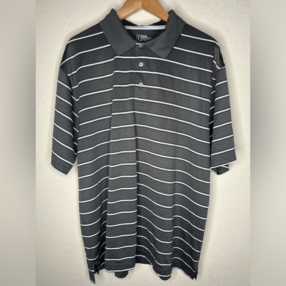 PGA Tour Polo Shirt Mens Size XXL 2XL Gray Striped Golf Preppy 100% Polyester